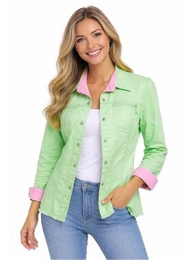 Quacker Factory Lime Green Denim Jacket with Pink Trim & Rhinestone Detail Sz XS
